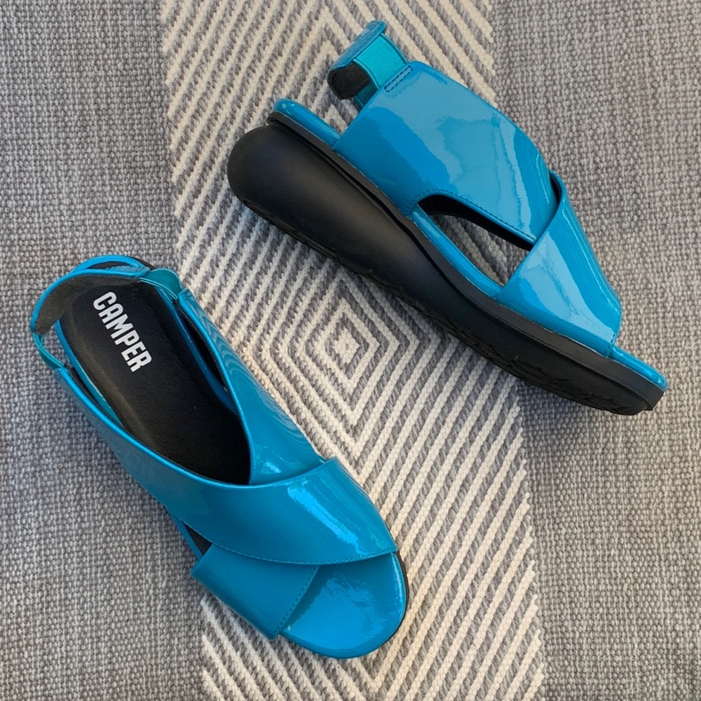 Camper Patent Turquoise Cross-Strap Slingback Sandals